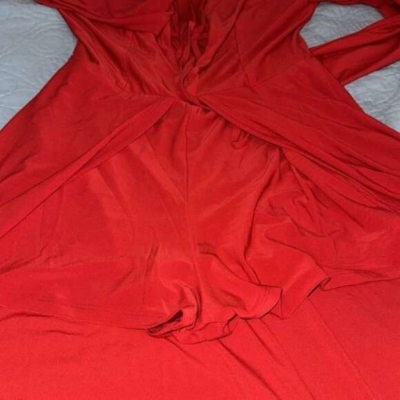 Red Venus Long Sleeve Jumpsuit With Open Front Skirt Overlay Strappy Neckline & - Picture 6 of 12